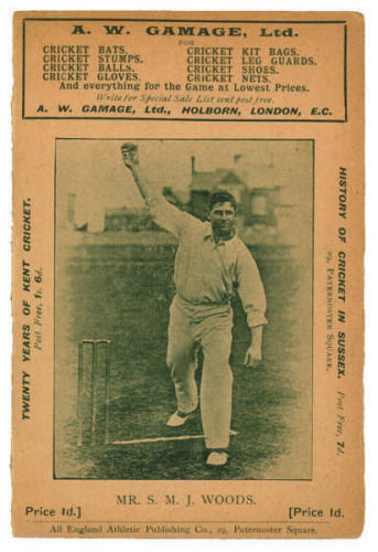 Mr S.M.J. Woods. Somerset C.C.C. Penny card written by A.C. Albert Craig ‘Cricket Poet and Rhymester’, and published by the All England Athletic Publishing Co, 29 Paternoster Square. 1899. Image of Woods to front cover. Good condition