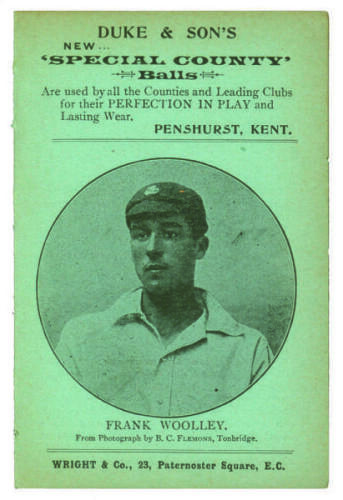 Frank Woolley. Kent C.C.C. Penny card written by A.C. Albert Craig &lsquo;Cricket Poet and Rhymester&rsquo;, and published by Wright & Co, 23 Paternoster Square. 1906. Image of Woolley to front cover. Minor age toning otherwise in good condition