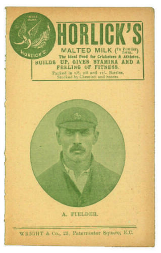 A. Fielder. Kent C.C.C. Penny card written by A.C. Albert Craig &lsquo;Cricket Poet and Rhymester&rsquo;, and published by Wright & Co, 23 Paternoster Square. 1907. Image of Fielder to front cover. Minor age toning otherwise in good condition