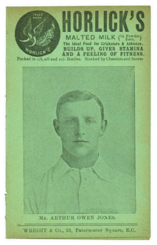 Mr Arthur Owen Jones. Nottinghamshire C.C.C. Penny card written by A.C. Albert Craig &lsquo;Cricket Poet and Rhymester&rsquo;, and published by Wright & Co, 23 Paternoster Square. 1907. Image of Jones to front cover. Minor age toning otherwise in good condition