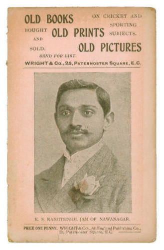 K.S. Ranjitsinhji. Jam of Nawangar. Sussex C.C.C. Penny card written by A.C. Albert Craig &lsquo;Cricket Poet and Rhymester&rsquo;, and published by Wright & Co, 25 Paternoster Square. 1908. Image of Ranjitsinhji to front cover. Minor age toning to cover, split to lo