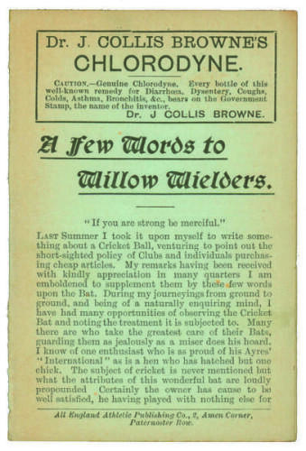 &lsquo;A Few Words to Willow Wielders&rsquo;. Penny card written by A.C. Albert Craig &lsquo;Cricket Poet and Rhymester&rsquo;, and published by the All England Athletic Publishing Co, 2 Amen Corner, Paternoster Row. 1900. Very minor age toning otherwise in good condition