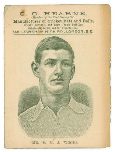 Mr S.M.J. Woods. Somerset C.C.C. Penny card, anonymous but almost certainly written by Albert Craig, &lsquo;Cricket Poet and Rhymester&rsquo;, No publisher noted. Appears to be circa 1891. Image of Woods to front cover. Minor age toning and foxing, wear to edge of re