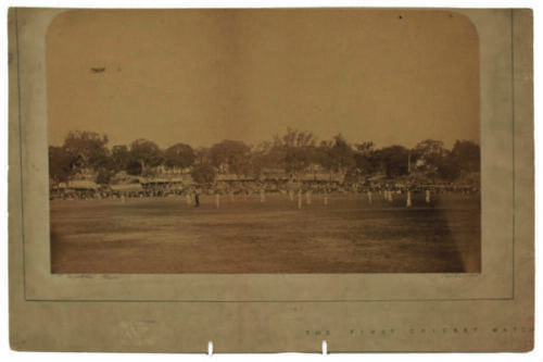 H.H. Stephenson’s tour to Australia 1861-1862. ‘The first cricket match between the All England Eleven and eighteen of Victoria played at the Melbourne Cricket Ground’. G. Middleton, Melbourne. A series of three large, very early original sepia photograph