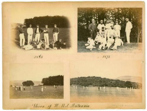 ‘Eleven of H.M.S. Britannia’. A montage of four very early photographs, laid down to large card photograph album page, of members of the ship’s cricket team, the photographs dated 1865 and 1873. The two on the left hand side are from 1865 showing the team