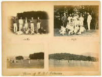 ‘Eleven of H.M.S. Britannia’. A montage of four very early photographs, laid down to large card photograph album page, of members of the ship’s cricket team, the photographs dated 1865 and 1873. The two on the left hand side are from 1865 showing the team