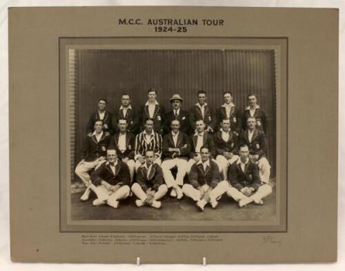 M.C.C. tour of Australia 1924/1925. Large official mono photograph of the M.C.C. team who toured Australia in 1924/25, seated and standing in rows and wearing cricket attire and tour blazers with printed title to top border ‘M.C.C. Australian Tour 1924-25