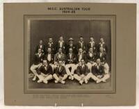 M.C.C. tour of Australia 1924/1925. Large official mono photograph of the M.C.C. team who toured Australia in 1924/25, seated and standing in rows and wearing cricket attire and tour blazers with printed title to top border ‘M.C.C. Australian Tour 1924-25