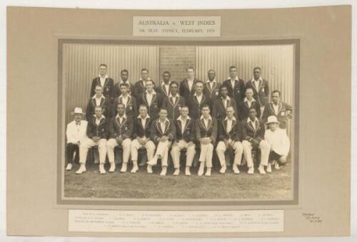 West Indies tour of Australia 1930-1931. A scarce mono official joint team photograph of the West Indies and Australian teams taken prior to the 5th Test played at Sydney in February 1931. The photograph laid down to photographers mount with printed title