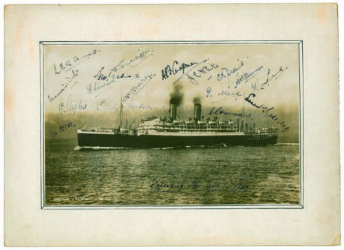 M.C.C. tour of Australia 1928/1929. Official photograph of ‘R.M.S. Otranto’, the ship which took the M.C.C. team to Australia in 1928. The photograph, laid down to photographer’s mount, handwritten inscription towards the lower border of the image stating