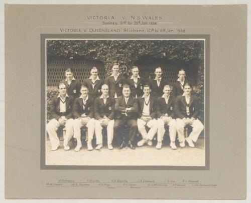 Australia. Victoria 1937/38. Original official mono photograph of the Victoria team for the matches v New South Wales at Sydney, 21st- 25th January 1938, and v Queensland, Brisbane, 10th- 15th January 1938. The players are depicted seated and standing in 