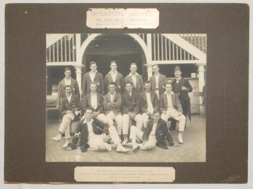 Australia &lsquo;Interstate Cricket. New South Wales v Queensland&rsquo; 1913/14. Early original photograph of the New South Wales team seated and standing in rows wearing blazers in front of the pavilion for the match at Brisbane, 21st- 24th November 1913. Printed t