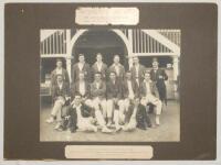 Australia ‘Interstate Cricket. New South Wales v Queensland’ 1913/14. Early original photograph of the New South Wales team seated and standing in rows wearing blazers in front of the pavilion for the match at Brisbane, 21st- 24th November 1913. Printed t