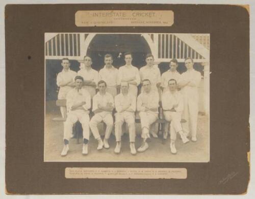 Australia &lsquo;Interstate Cricket. New South Wales v Queensland&rsquo; 1914/15. Early original photograph of the New South Wales team seated and standing in rows wearing blazers in front of the pavilion for the match at Brisbane, 6th- 9th November 1914. Printed tit