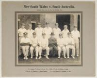 Australia. ‘New South Wales v. South Australia’ 1932/33. Original mono photograph of the New South Wales team for the match played at the Adelaide Oval, 16th- 20th December 1932. Players depicted seated and standing in rows wearing cricket attire and caps