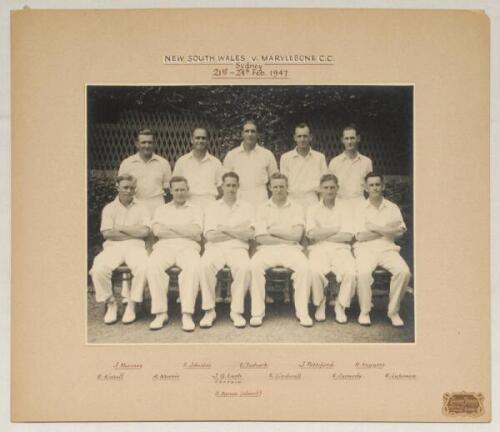 Australia. &lsquo;New South Wales v. Marylebone C.C.&rsquo; 1946/47. Original mono photograph of the New South Wales team for the tour match played at Sydney, 21st- 24th February 1947. Players depicted seated and standing in rows wearing cricket attire. Hand-printed 