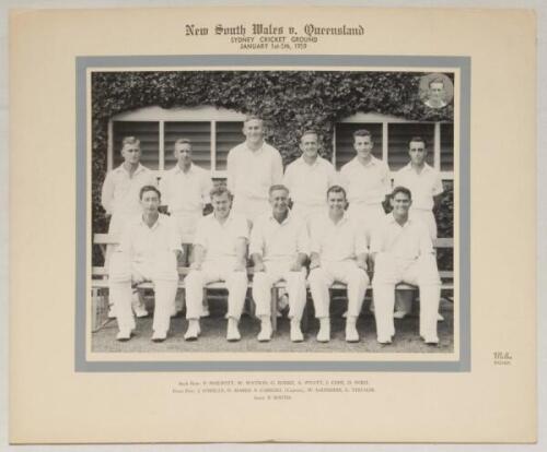 Australia. &lsquo;New South Wales v. Queensland&rsquo; 1958/59. Original mono photograph of the New South Wales team for the match played at Sydney, 1st- 5th January 1959. Players depicted seated and standing in rows wearing cricket attire. Printed title and players&rsquo;