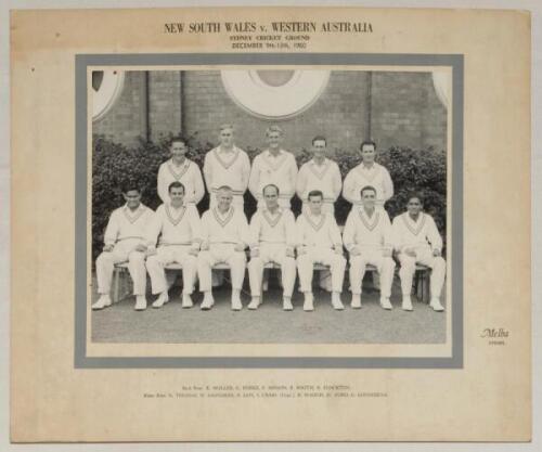 Australia. &lsquo;New South Wales v. Western Australia&rsquo; 1960/61. Original mono photograph of the New South Wales team for the match played at Sydney, 9th- 13th December 1960. Players depicted seated and standing in rows wearing cricket attire. Printed title and