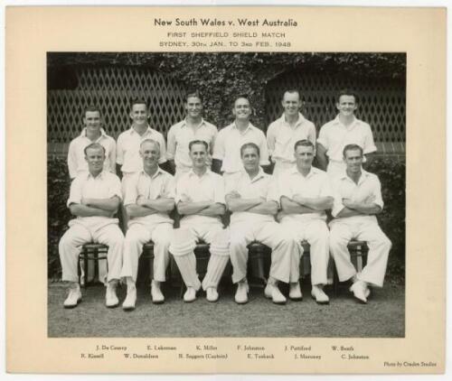 Australia. &lsquo;New South Wales v. West Australia. First Sheffield Shield Match&rsquo; 1947/48. Original mono photograph of the New South Wales team for the match played at Sydney, 30th January- 3rd February 1948. Players depicted seated and standing in rows wearin