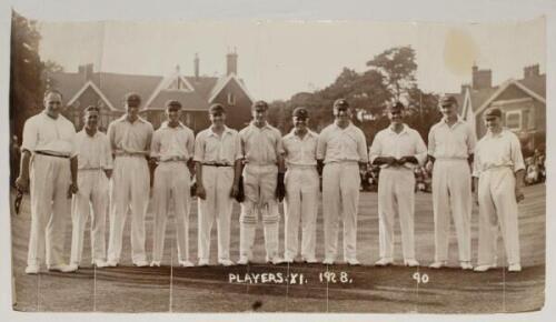 &lsquo;Players XI 1928&rsquo;. Very large original photograph of the Players XI who played the Gentlemen at Dean Park, Bournemouth on the 5th to 7th September 1928. The players are featured standing in line on the pitch and feature Phil Mead (Cpt), Kilner, Shipman, G