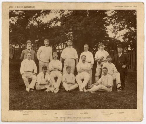 &lsquo;The Yorkshire County Eleven&rsquo; 1888. &lsquo;Land & Water Supplement&rsquo; mono image of the 1888 Yorkshire team depicted seated and standing in rows wearing cricket attire. &lsquo;Photo-print&rsquo; by Waterlow & Sons Ltd. The supplement dated 6th October 1888 is laid to origina
