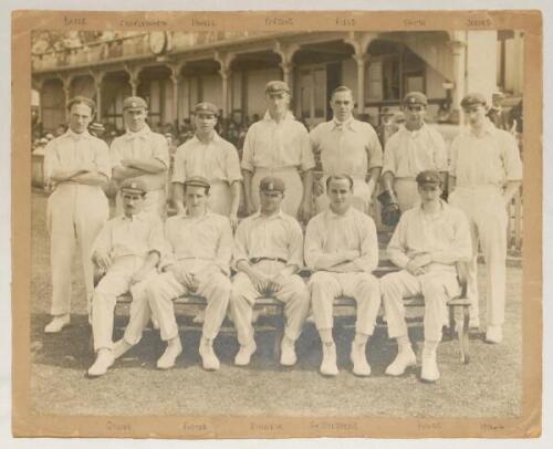 Warwickshire C.C.C. c.1913/14. Excellent and large early original mono photograph of the Warwickshire team seated and standing wearing cricket attire, some with Warwickshire caps, in front of a pavilion. Players featured are Quaife, F. Foster, Kinneir, G.