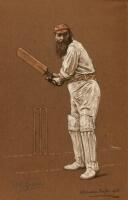 William Gilbert Grace. Gloucestershire & England 1865-1908. Albert Chevallier Tayler 1905. Original and unpublished drawing on brown paper in pencil and coloured chalk of Grace in batting pose wearing cap and waist tie/belt in M.C.C. colours of red and ye