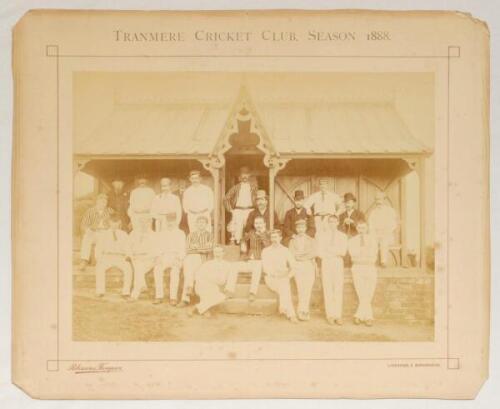 ‘Tranmere Cricket Club, Season 1888’. Large, early original sepia photograph of the players and officials seated and standing at the front of the pavilion, wearing cricket attire. Title printed to top mount border. The photograph, by Robinson & Thompson o