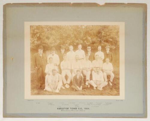 ‘Kingston Town C.C. 1904’. Early original large sepia photograph of the Kingston Town players and officials seated and standing in rows wearing cricket attire. The photograph by Newton & Co., Kingston [London] measures 11”x8.5”, laid to official photograp