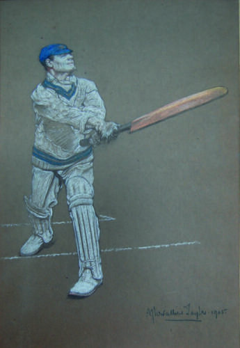 Gilbert Laird Jessop, Gloucestershire & England 1894-1914. Albert Chevallier Tayler 1905. Original and unpublished drawing on brown paper in pencil and coloured chalk of Jessop in batting pose wearing a blue cap and sweater. Jessop is depicted in full flo