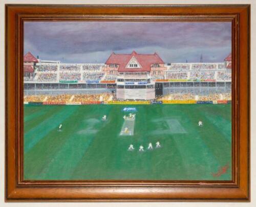 ‘Storm over Trent Bridge’. Frank Tyson, May 2003. A colourful original painting on board by former Northamptonshire and England fast bowler Frank Tyson, The painting depicts the new Radcliffe Road three tier stand built in 1998 with cricket match in progr