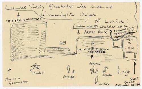 Neville Cardus, cricket writer and journalist. Original sketch in ink drawn by Cardus depicting the press box at The Oval with Cardus’s seating position indicated and annotated as ‘Cricketer’. To the right is the scoreboard showing the score as ‘296 2 104