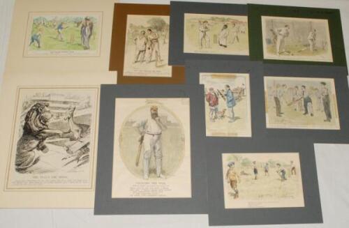 Punch cricket prints. A good and varied selection of forty four original ‘Punch Magazine’ cricket illustrations/cartoons, many hand coloured and mounted, taken from the magazine. Odd Ashes interest, village cricket, Ranji, Grace etc. Various sizes. Odd f