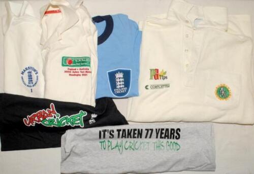 Cricket clothing. A selection of modern cricket clothing including England v Australia 300th Ashes Test, Headingley 2001 commemorative white cricket shirt produced by npower, a Marston’s Beer sponsors white cricket shirt, ‘Bunbury Cricket Club’ white cri