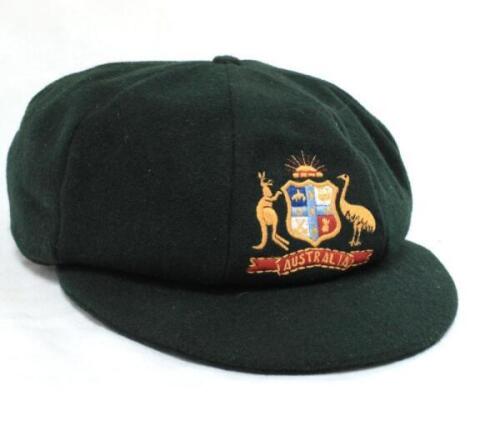 Jeffrey Robert Thomson. New South Wales, Queensland, Middlesex & Australia. 1972-1986. Australian green cloth Test cap, worn by Thomson during his Test career, with embroidered Australian emblem to front. The cap with ‘Australian Manufacture’ stamp to ins