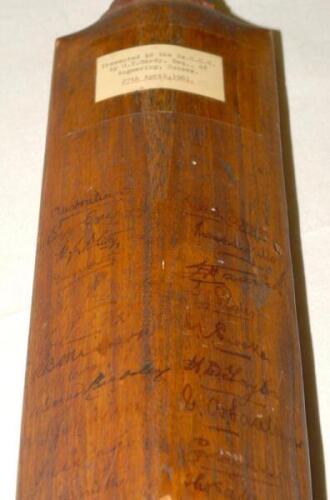 The Triangular Tournament 1912. England, Australia and South Africa. F.H. Ayres &lsquo;Victor Trumper&rsquo; Autograph cricket bat signed by all three Test nations who played in the tournament. The Australians with fifteen signatures, the South Africans with fourteen