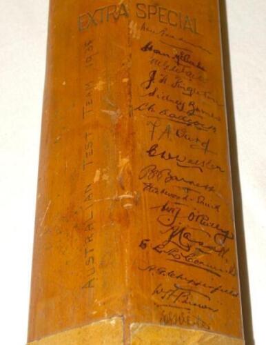 Australian tour of England 1938. Stuart Surridge ‘Perfect’ cricket bat nicely signed to the back of the bat by all sixteen members of the touring party in ink. Signatures are Bradman (Cpt), McCabe, Waite, Fingleton, Barnes, Badcock, Ward, Walker, Barnett,