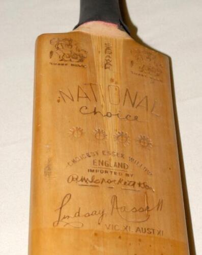 M.C.C. tour of Australia 1950/51. R.M. Crocker & Son National Choice ‘Lindsay Hassett’ cricket bat signed to the back by the Australian and M.C.C. teams. Sadly only seventeen signatures remain legible due to fading and include Hassett, Fingleton, Loxton, 