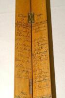 England v South Africa 1947 and West Indies v England 1947-48. Split and hinged cricket stump nicely signed in ink to the top part of the stump by the England and South African teams who played in the 5th Test at The Oval in 1947. Twelve signatures of the