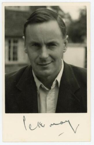 Peter Barker Howard May, Surrey & England 1950-1963. Mono real photograph plainback postcard of May, head and shoulders, wearing blazer. Signed in black ink to lower white border by May. Publisher unknown. VG