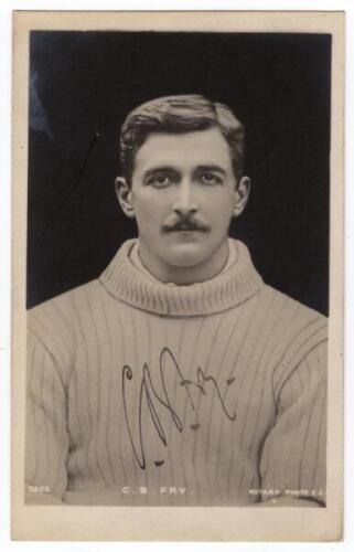 Charles Burgess Fry. Sussex & England 1894-1908. Sepia real photograph postcard of Fry, half length in cricket sweater. Nicely signed in black ink to the photograph by Fry. Rotary series No. 3805. G/VG