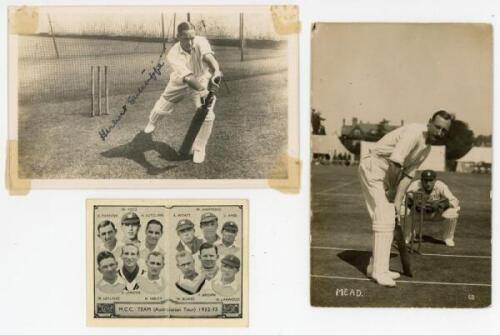 Pre-war cricket postcards. Mono real photograph postcard of Herbert Sutcliffe (Yorkshire) in batting pose in the nets, signed in ink to the photograph by Sutcliffe, publisher unknown. Also mono real photograph postcards of C.P. Mead (Hampshire) in batting