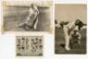Pre-war cricket postcards. Mono real photograph postcard of Herbert Sutcliffe (Yorkshire) in batting pose in the nets, signed in ink to the photograph by Sutcliffe, publisher unknown. Also mono real photograph postcards of C.P. Mead (Hampshire) in batting