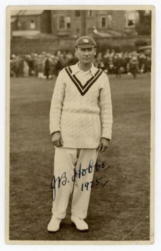 John Berry ‘Jack’ Hobbs, Surrey & England 1905-1934. Sepia real photograph postcard of Hobbs standing full length wearing cricket attire and cap. Nicely signed by Hobbs in black ink to the photograph and dated ‘1925’. To the verso, a handwritten message f