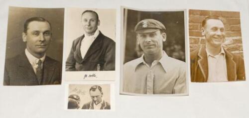 Jack Hobbs. Mono plain back postcard of Hobbs, half length, wearing England Test blazer. Nicely signed in blue ink by Hobbs to lower border. Sold with a small printed press picture signed by Hobbs and three postcard size photographs of Hobbs, head and sho