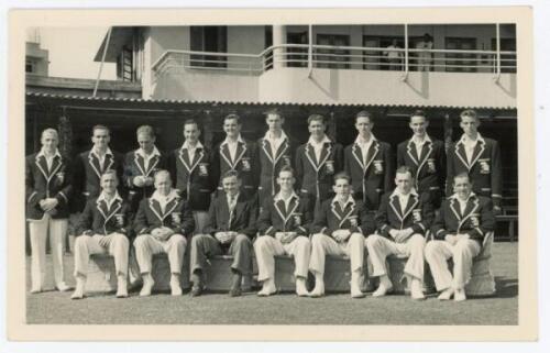 M.C.C. tour to India & Pakistan 1951/52. Original mono real photograph postcard of the M.C.C. touring party seated and standing in rows wearing tour blazers in in front of a pavilion. Players’ names neatly annotated in pencil to verso including Howard (Ca