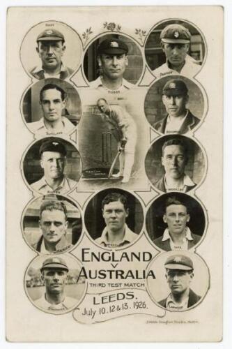 ‘The Ashes’ England v Australia, 1926. Mono real photograph postcard featuring vignettes of thirteen England players for the third Test at Leeds, 10th-13th July 1926. Players featured are Carr (Captain), Root, Hobbs, Parker, Sutcliffe, Hendren, Kilner, Wo