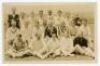 Hollywood Cricket Team 1938. Sepia real photograph postcard of the Hollywood C.C. team seated and standing in rows wearing cricket attire, some in blazers. Players featured include C. Aubrey Smith, Ronald Colman, Desmond Roberts, Raymond Massey, Clive Bro