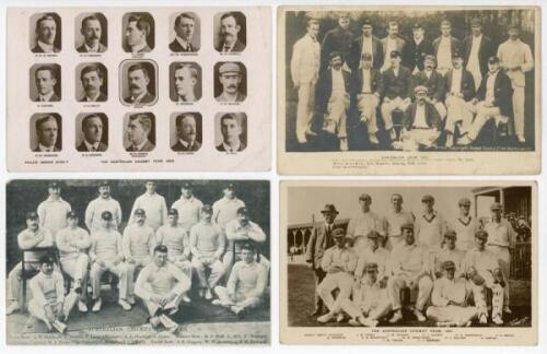 Australia team postcards 1905-1956. Nine original mono real photograph postcards of Australian touring teams to England. Teams are 1905, players depicted in cameo (Philco Series 6003 F), 1905 (Ralph Dunn No. 1015), 1921 (Philip G. Hunt), 1921, 1930 (J. Sm