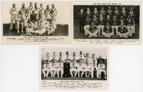 West Indies team postcards 1933-1963. Five original ‘official’ mono real photograph postcards of West Indies touring teams to England. Teams are 1933, 1939, 1950 (Bridge House no. S.20484), 1957 and 1963. Odd minor faults, otherwise in good/ very good con